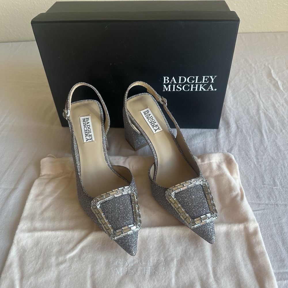 Badgley Mischka Adaline Slingback Block Heels Antique Silver Women's size‎ 6 NIB